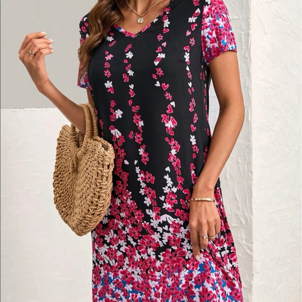New Boho Floral Print Black Pink White Blue V Neck Short Sleeve Mini Tunic Dress - Picture 10 of 13